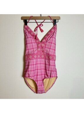 Cabana Life x Talbots Swimsuit Medium Embroidered One Piece Halter Pink Plaid